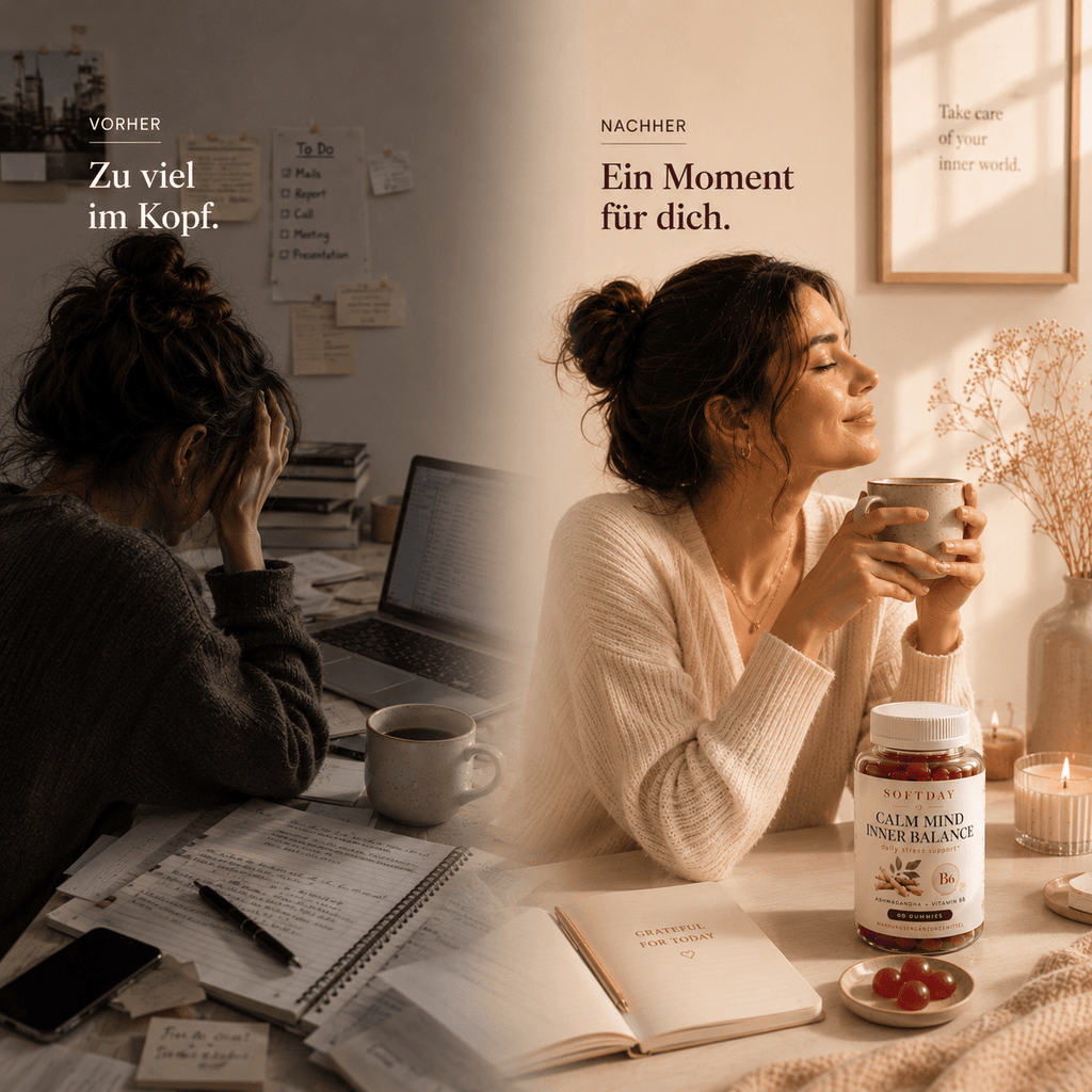 Hand hält Softday Ashwagandha Gummies mit Vitamin B6, vegan und ohne Zucker