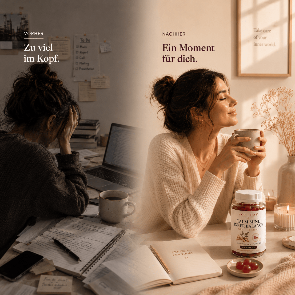 Hand hält Softday Ashwagandha Gummies mit Vitamin B6, vegan und ohne Zucker