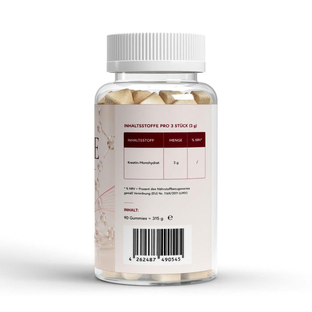 Rückseite der Creatin Gummies Dose mit Verzehrempfehlung und Nährwerten