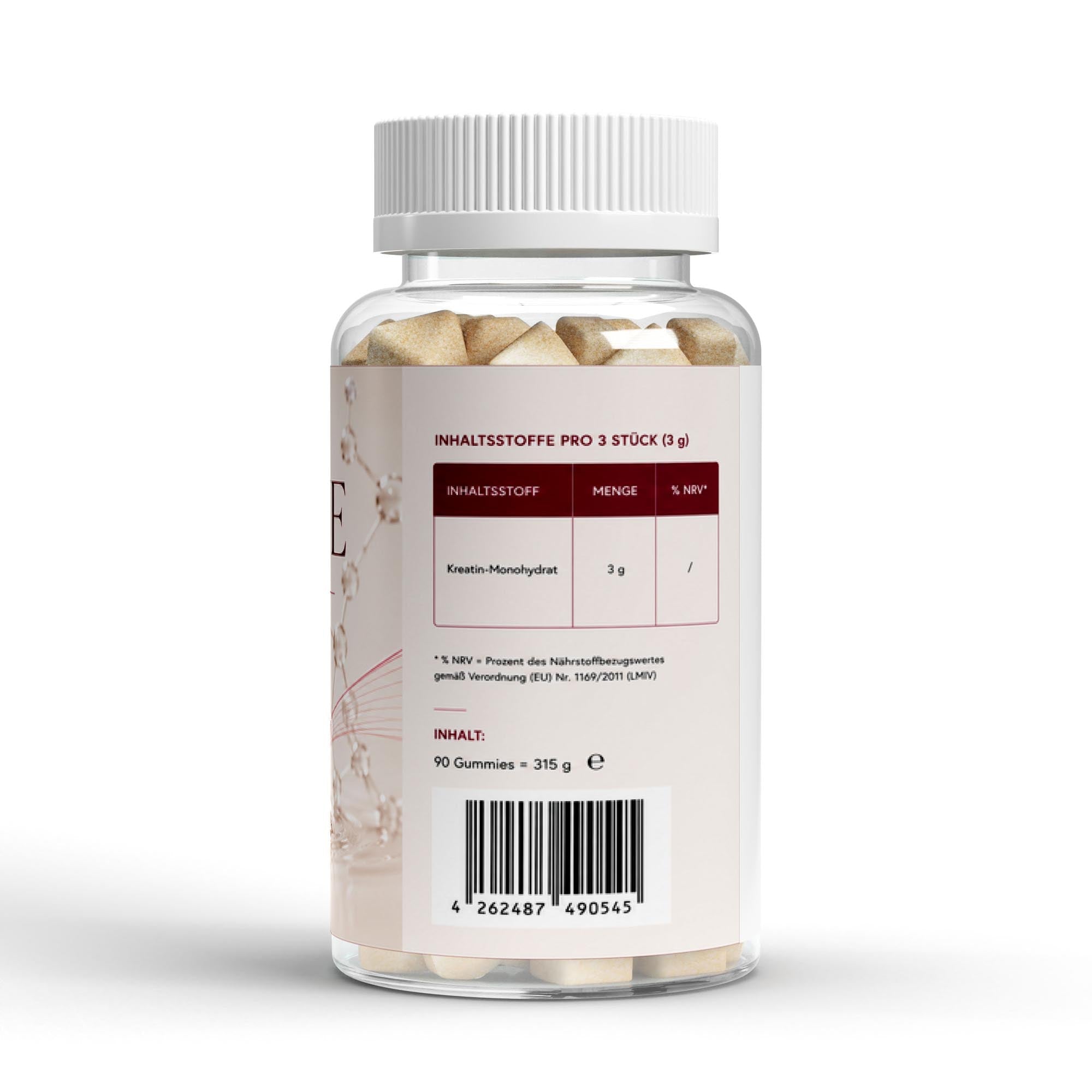 Rückseite der Creatin Gummies Dose mit Verzehrempfehlung und Nährwerten