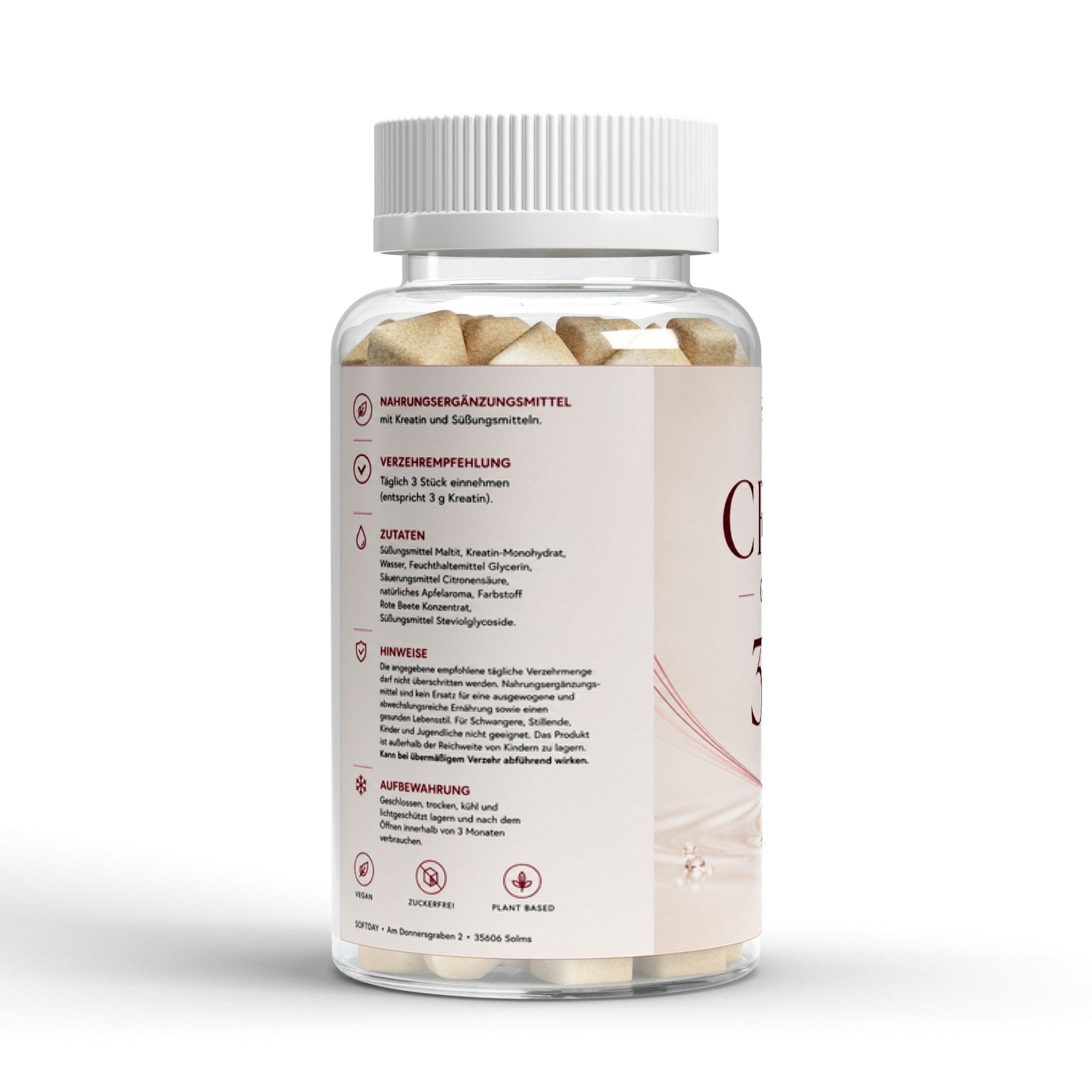 Seitenansicht der Dose mit Etikett und Zutaten der Kreatin Gummibärchen