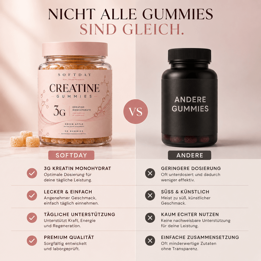 Vergleichsgrafik: Kreatin Fruchtgummis im Vergleich zu herkömmlichen Creatin-Produkten