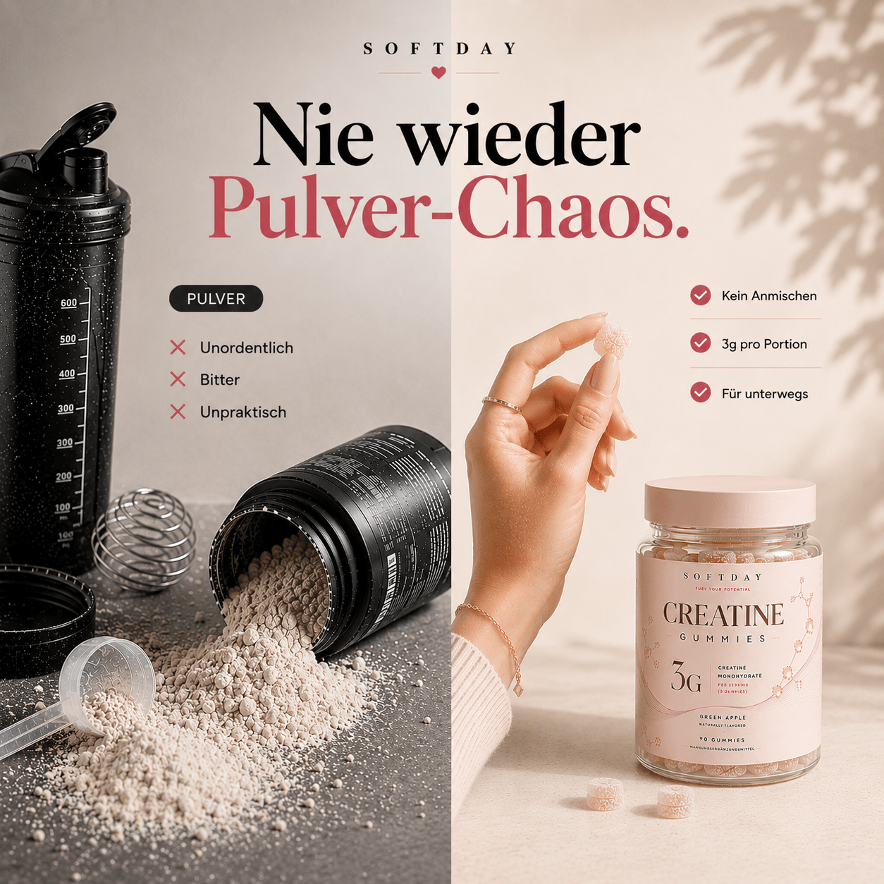 Nie wieder Pulver-Chaos: Kreatin zum Kauen statt Creatin-Pulver mit Shaker und Messlöffel