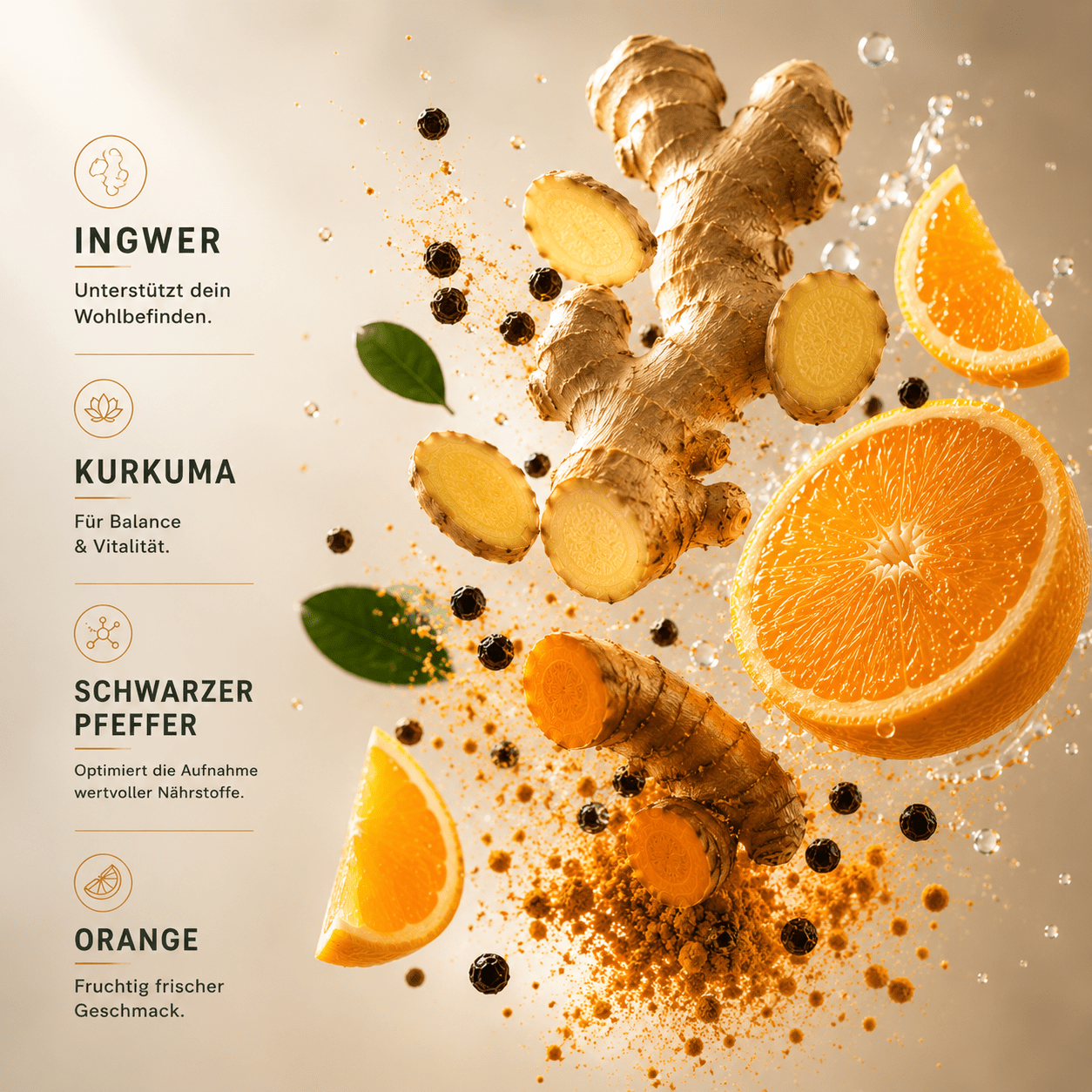 Orangenscheiben, Kurkuma und Ingwer als Zutaten der Softday Kurkuma & Ingwer Gummies