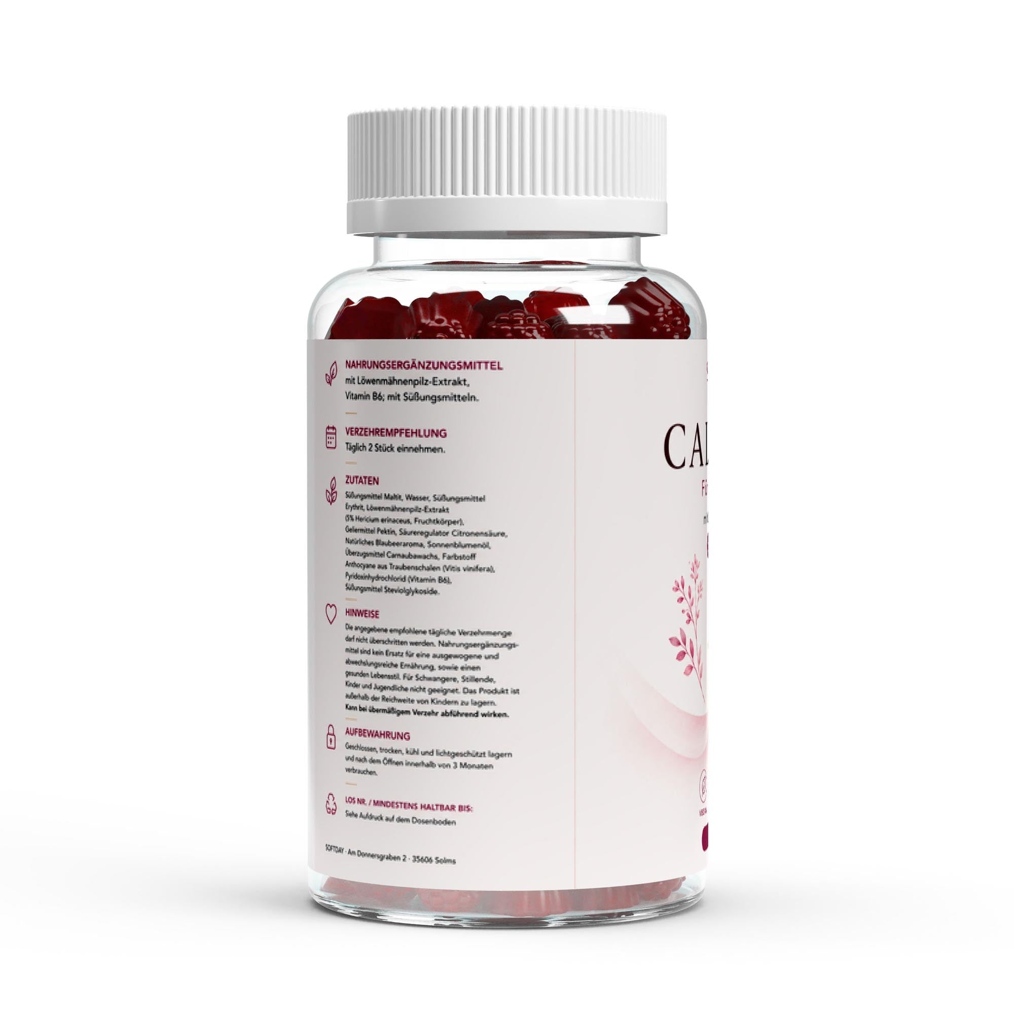 Rückseite der Dose mit Verzehrempfehlung der zuckerfreien Vitalpilz Gummies