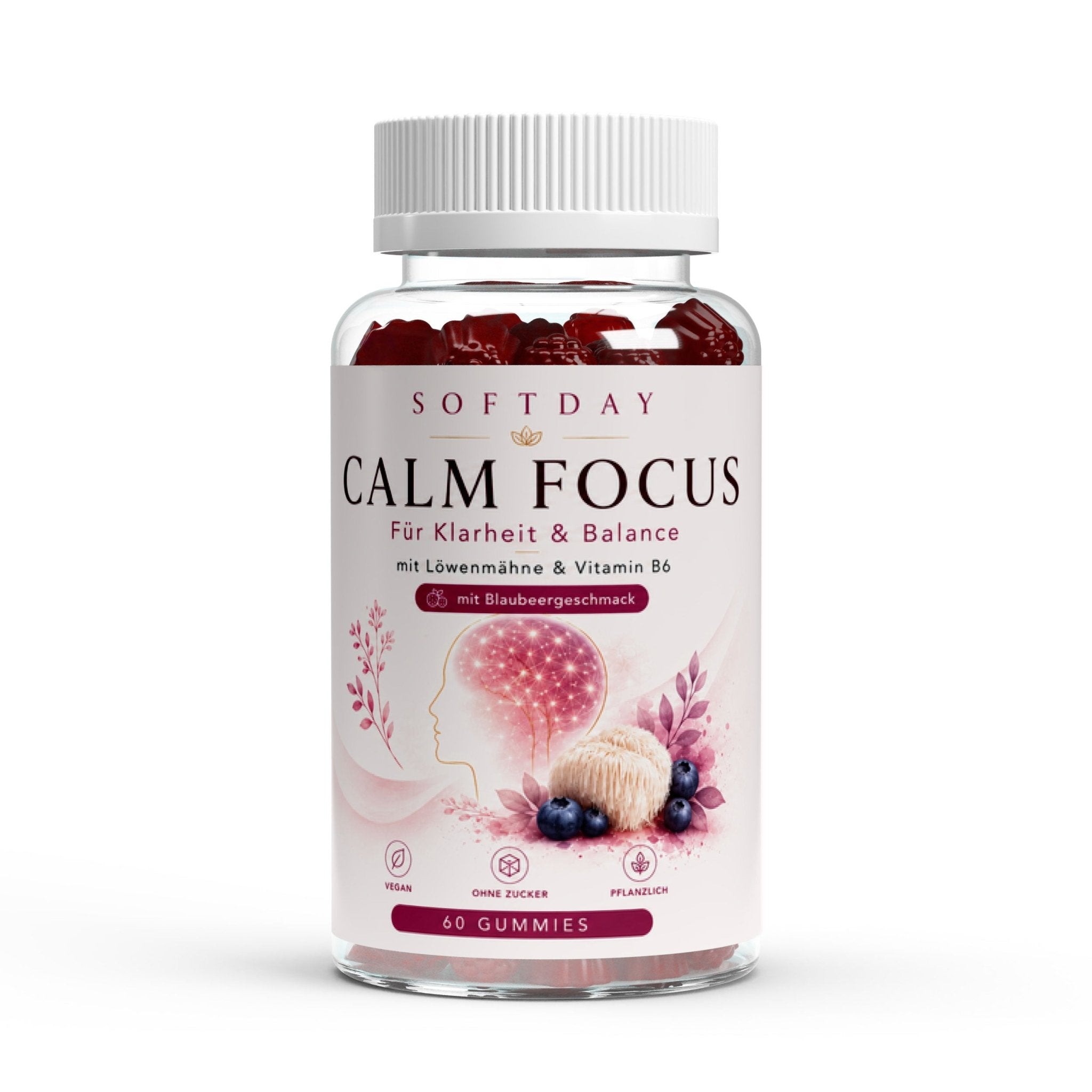 Dose der Lions Mane Gummies von Softday mit Löwenmähnen-Extrakt und Vitamin B6, Vorderansicht