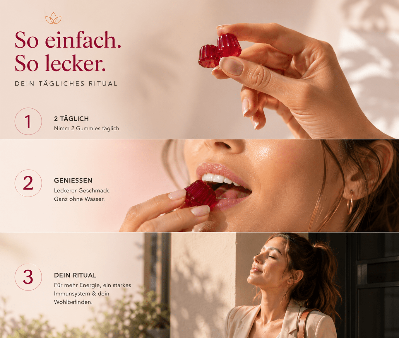 Hand hält Multivitamin Gummibärchen – vegane Nahrungsergänzung für den täglichen Selfcare-Moment