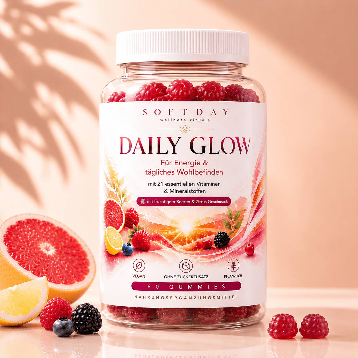 Daily Glow Gummies Glas umgeben von frischen Beeren und Zitrusfrüchten