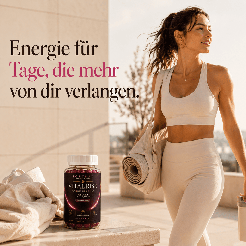 Frau in weißer Sportkleidung mit Softday Vital Rise Gummies für mehr Energie im Alltag