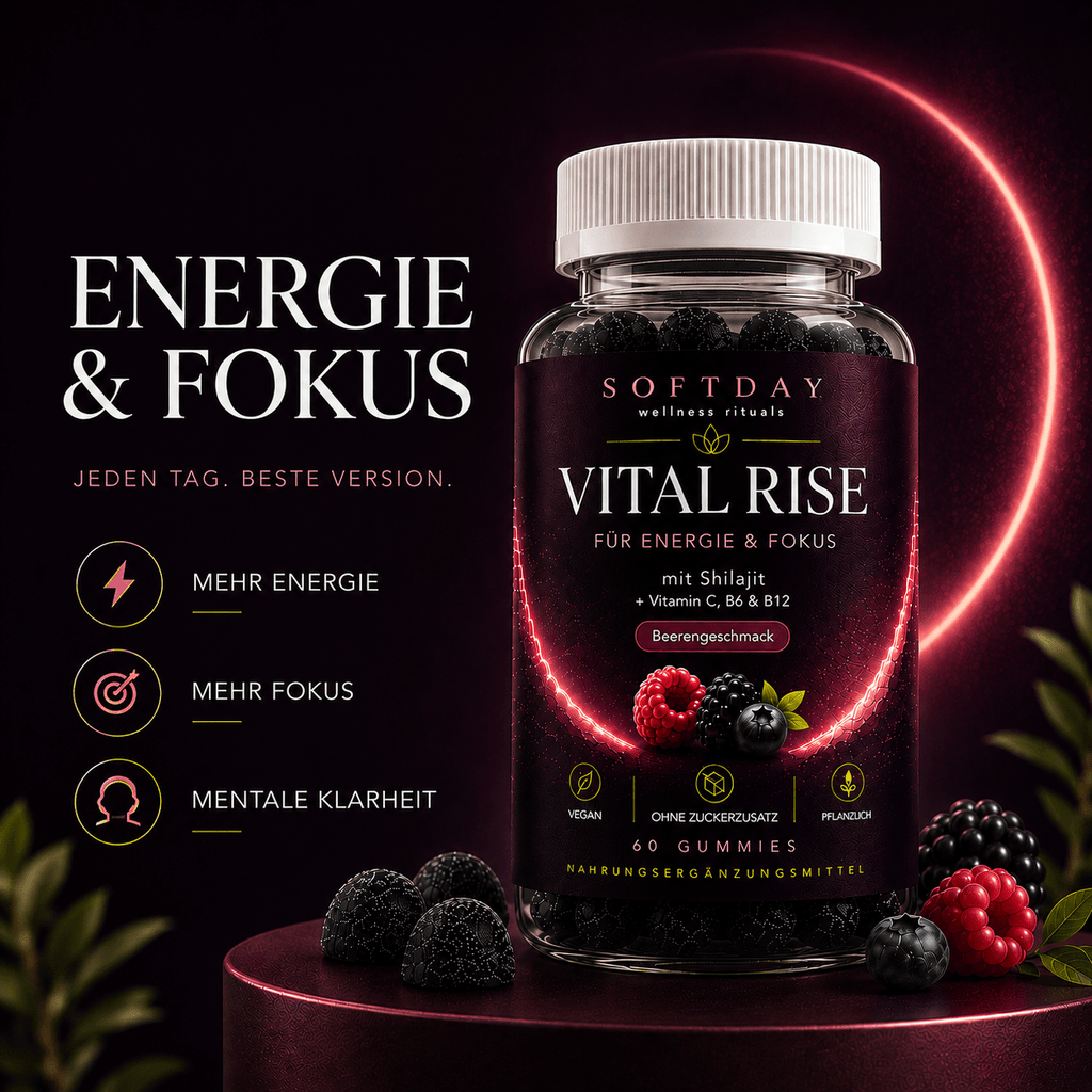 Softday Vital Rise Energie-Gummies mit ausgewählten Zutaten auf dunklem Hintergrund