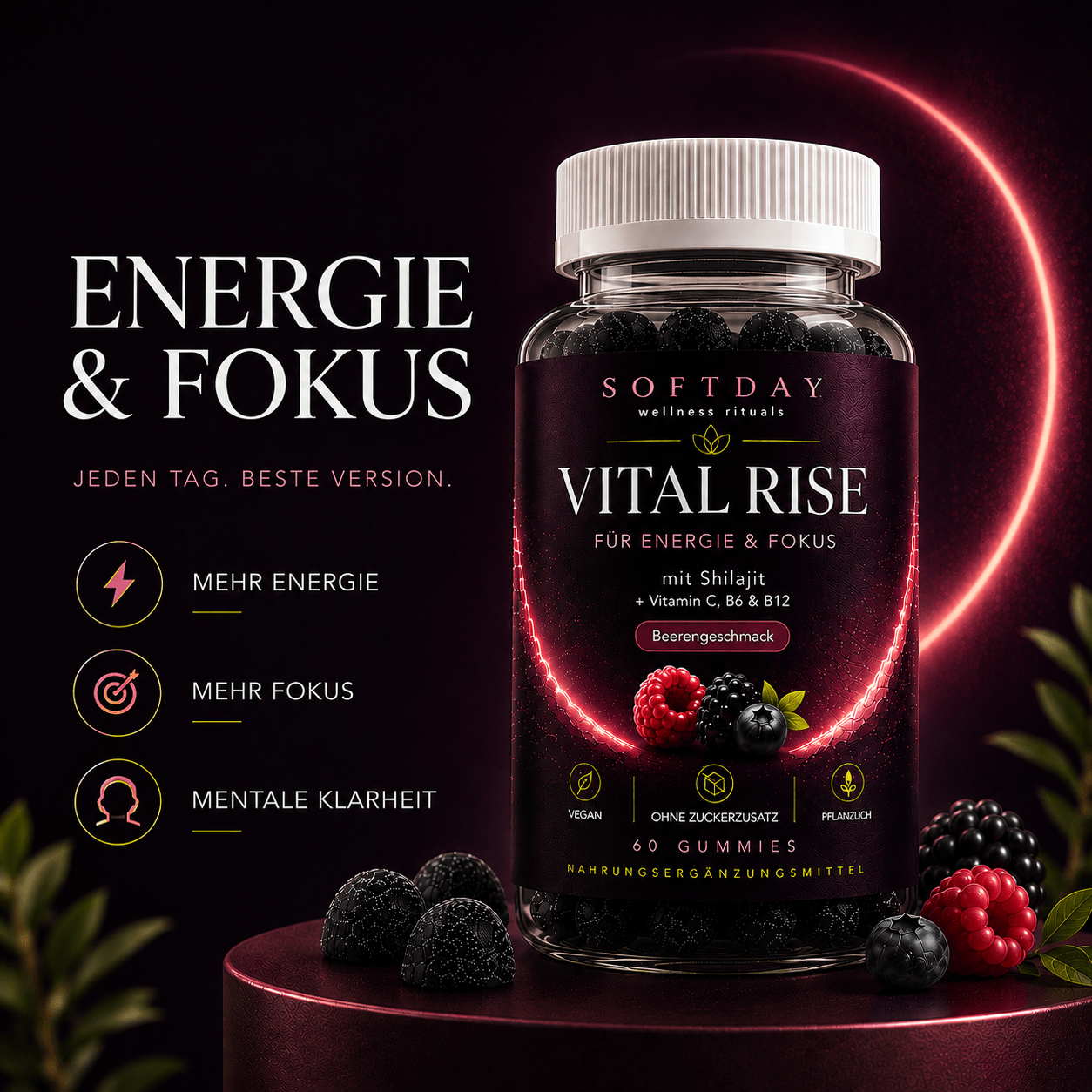 Softday Vital Rise Energie-Gummies mit ausgewählten Zutaten auf dunklem Hintergrund